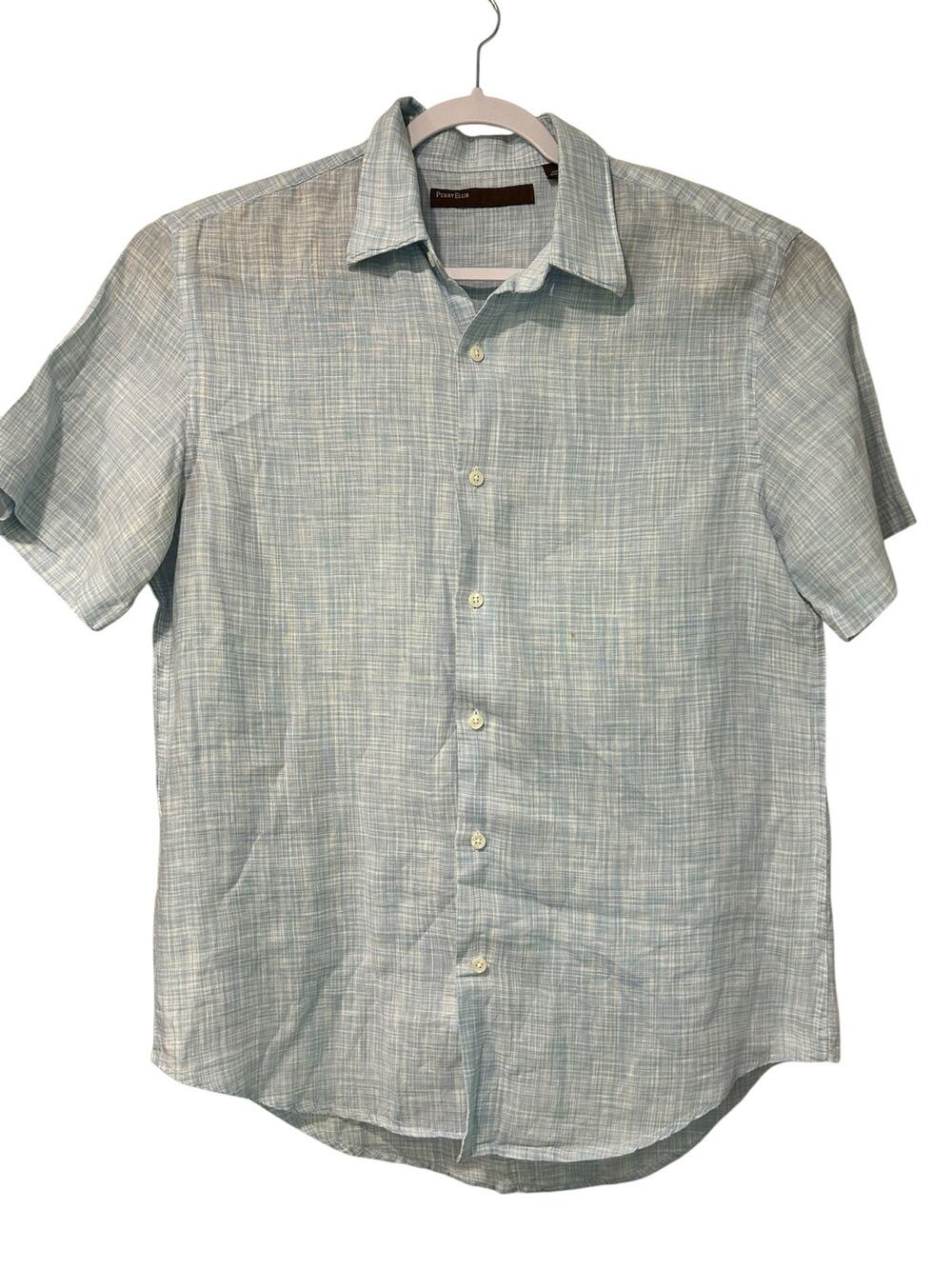 Perry Ellis Mens 100% Linen Shirt Casual SZ LG Light Blue Plaid Button Down